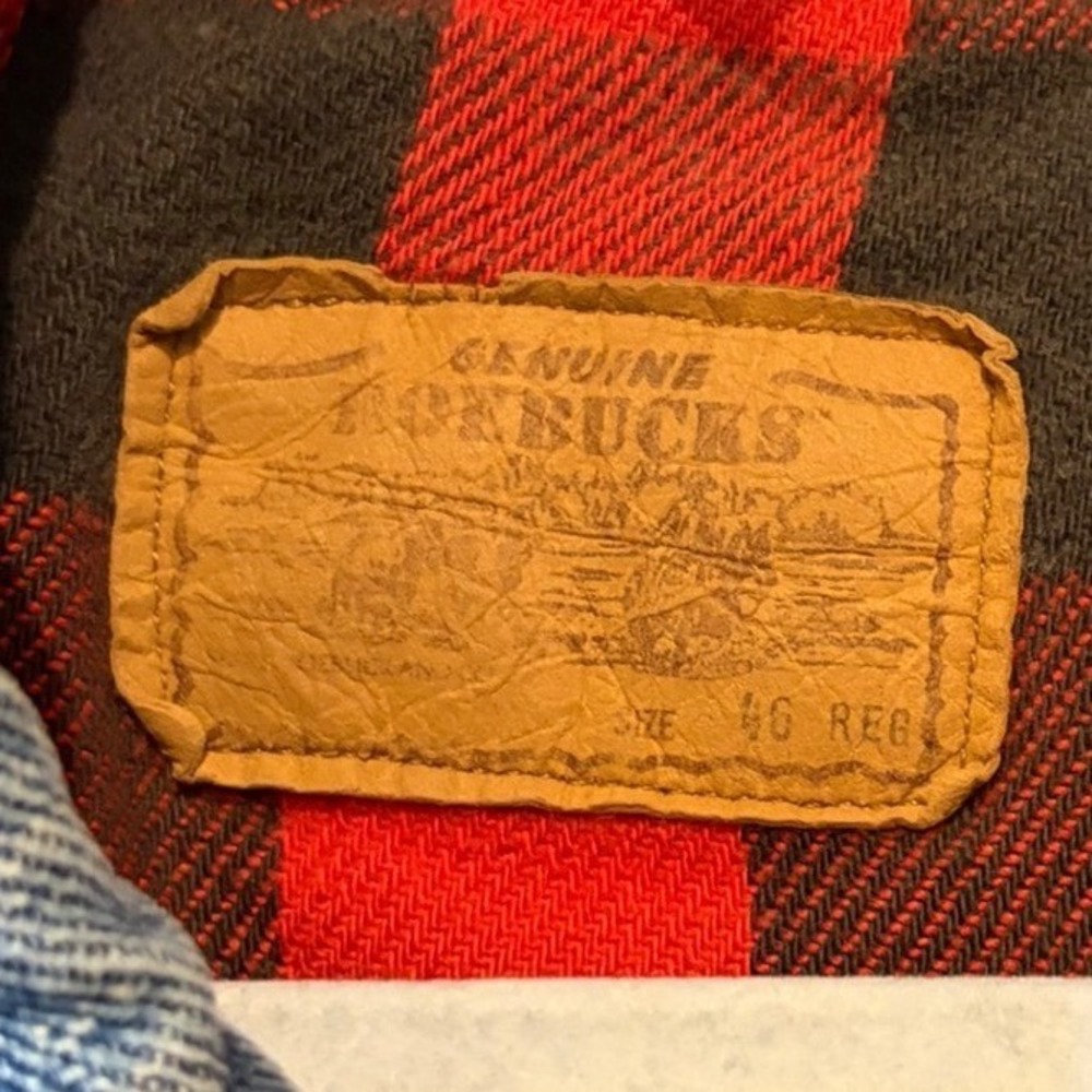 Vintage Roebucks Flannel Lined Denim Jacket Mens 46 Regular red Buffalo Plaid - Picture 4 of 6